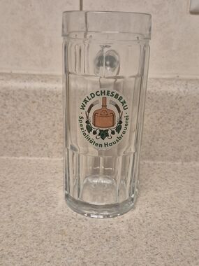 Source Unknown Clear Glass Beer Stein with Green and Brown Logo
